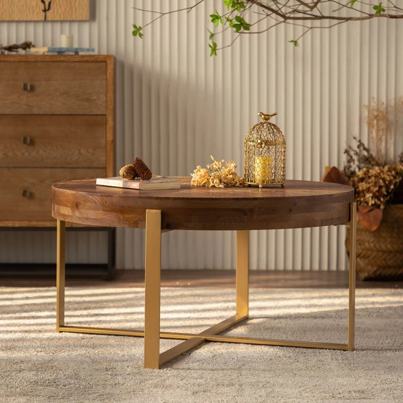 33.86" Modern Retro Splicing Round Coffee Table, Fir Wood Table Top with Gold Cross Legs Base, Easy Assembly and Maintenance, Gold