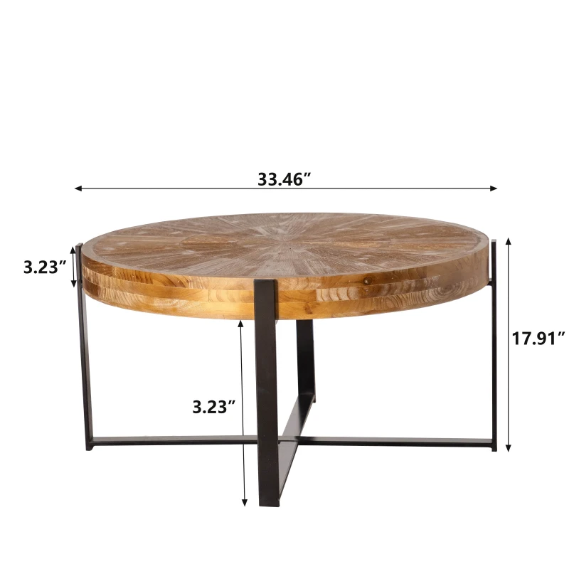 33.46" Retro Round Coffee Table, Fir Wood Top with Black Cross Legs, Easy Assembly and Maintenance, Natural