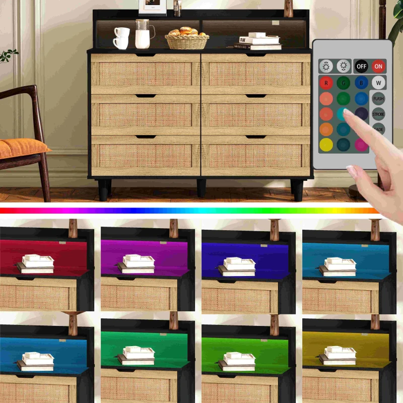43.31" 6-Drawer Rattan Storage Cabinet with LED Lights and Power Outlet, Anti-Tip Design, Easy Assembly, 43.31"L x 15.75"W x 37.22"H, Black