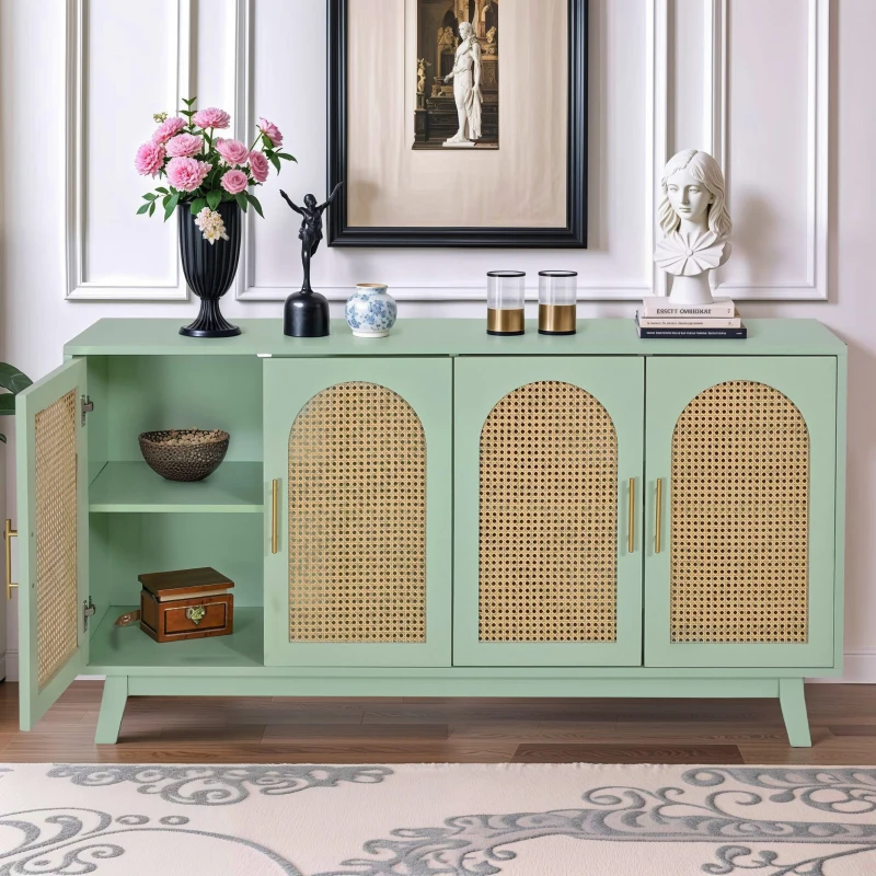 Modern 4-Door Cabinet with Rattan Decorative Doors, Versatile Storage Solution for Bedroom, Living Room, Office, Easy Assembly, 59.84"L x 15.75"W x 31.89"H, Mint Green
