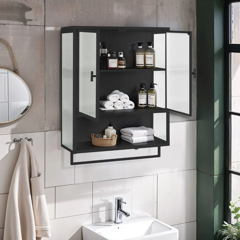 23.62" Modern Wall Cabinet with Glass Doors, Two-Tier Enclosed Storage, Open Shelf, and Towel Rack for Living Room, Dining Room, Bathroom, 23.62"L x 9.06"W x 30.71"H, Black