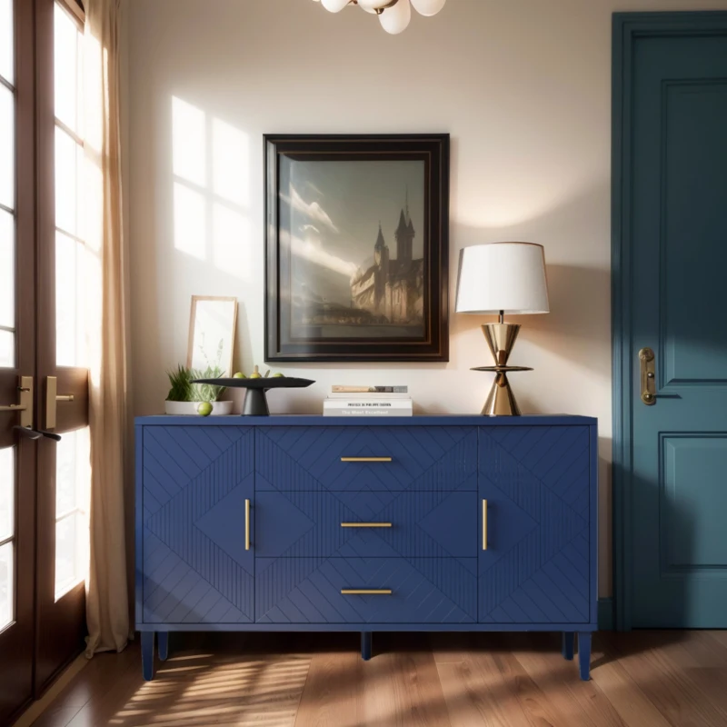 Stylish 2-Door 3-Drawer Cabinet with Carved Effect, Adjustable Shelves, and Easy Assembly, 55.12"L x 15.75"W x 32.68"H, Navy Blue