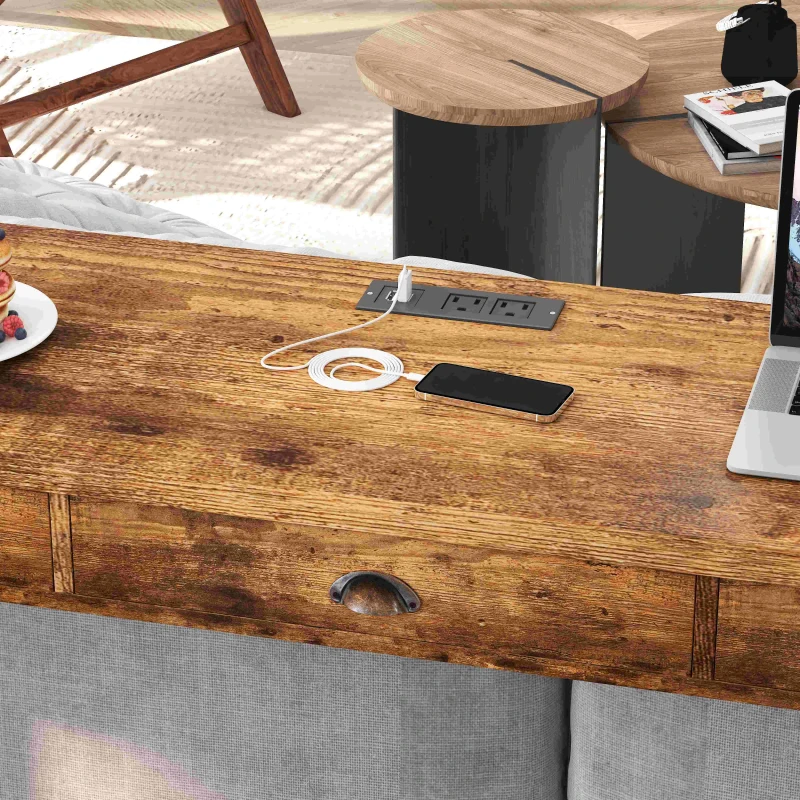 3-Drawer Long Dining Table Set with Power Outlets, Circular PU Stools, Easy Assembly, 60.24"x15.75"x35.43", Brown