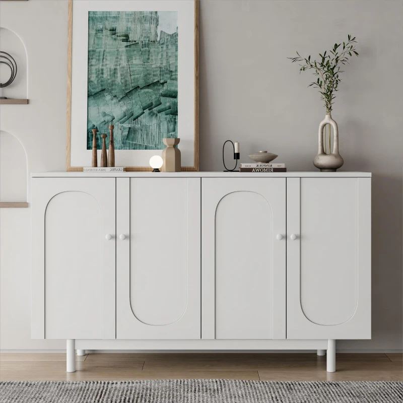 Stylish 4-Door Intaglio Storage Cabinet with Pine Legs, Solid Wood Pulls, Adjustable Shelves, 59.06"L x 15.75"W x 32.43"H, White