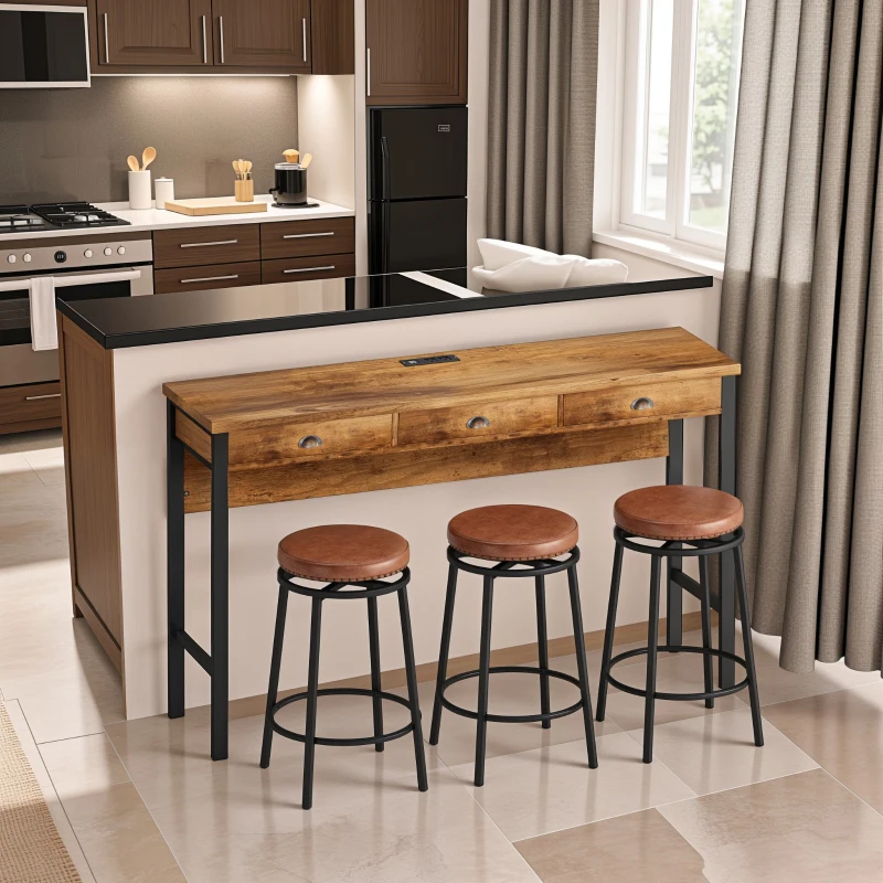 3-Drawer Long Dining Table Set with Power Outlets, Circular PU Stools, Easy Assembly, 60.24"x15.75"x35.43", Brown