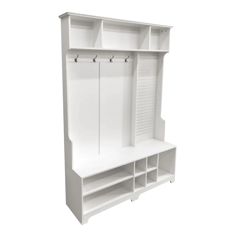 Hall Tree with Shoe Bench, Coat Rack, Storage Shelves, and Pegboard, 57.48"L x 14.96"W x 77.17"H, White