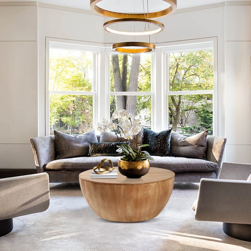 Vintage Style Bucket Shaped Coffee Table with Storage, High-Quality Fir Wood and MDF, 220 lbs Load-Bearing Capacity, 35.43", Natural