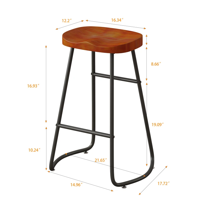 29.53" Minimalist Bar Stools Set of 2, Counter Height, Pine Wood and Iron Frame, Ergonomic Design, Non-Slip Feet Pads, 250 lbs Capacity, Brown
