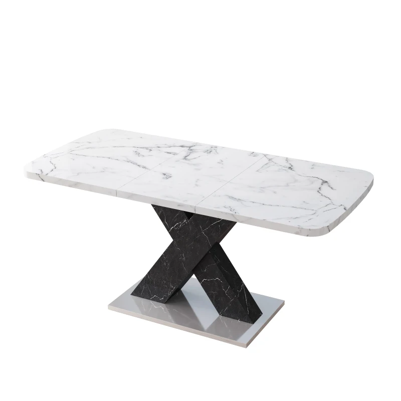 Modern Square Dining Table, Stretchable White Marble Table Top, MDF Black X-Shape Legs with Metal Base, 62.99"L x 31.5"W x 30.12"H, White+Black