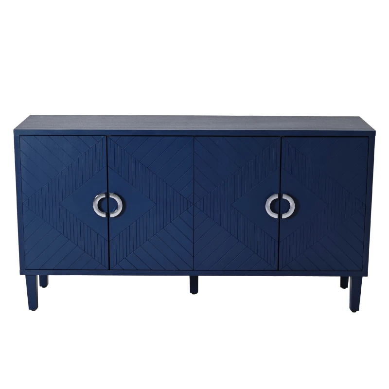 Stylish 4-Door Storage Cabinet with Pine Legs and MDF, Versatile for Living Room, Bedroom, and Kitchen, 59.84"L x 15.75"W x 32.48"H, Navy Blue