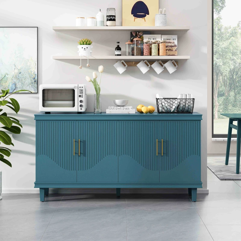 59.84'' Large 4-Door Cabinet, Solid Wood and MDF, Adjustable Shelves, 330 lbs Top Surface Capacity, 59.84''L x 15.75''W x 32.28''H, Blue