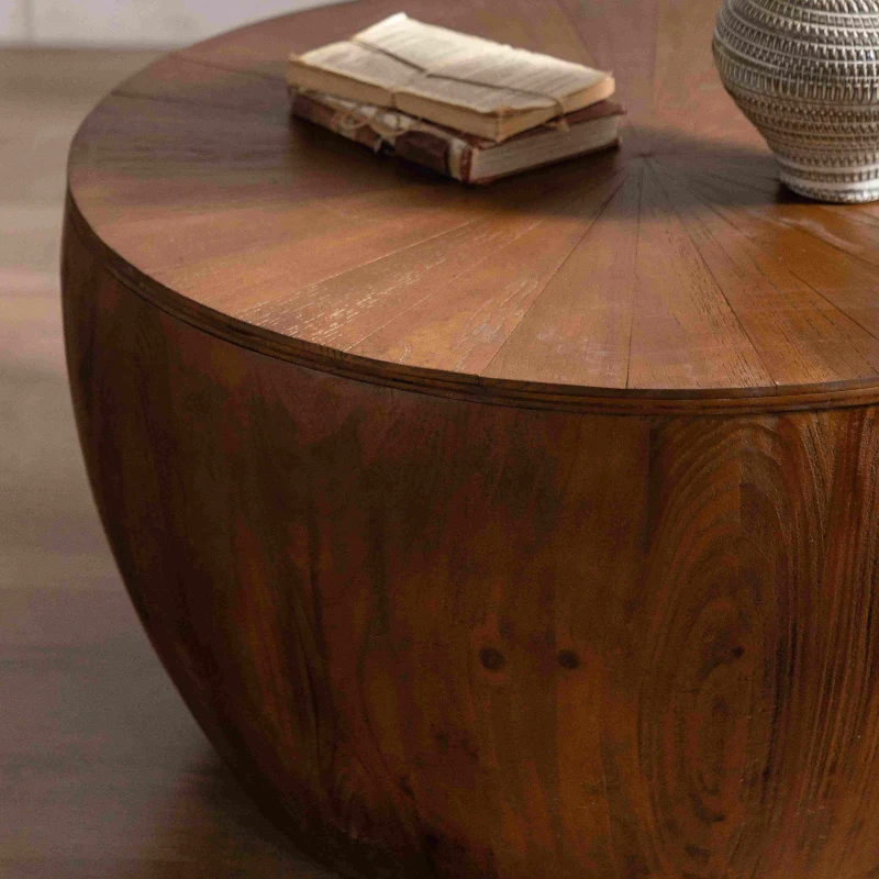 31.5" Vintage Style Bucket Shaped Coffee Table with Storage Function for Office, Dining Room, and Living Room, 31.5"x31.5"x17.72", Brown