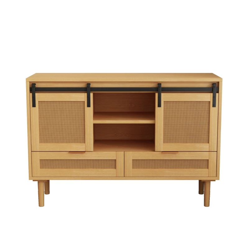 47.24" Sliding Barn Door Storage Cabinet, TV Stand with 2 Drawers, MDF and Rattan Mesh, 47.24"L x 15.75"W x 31.5"H, Wood