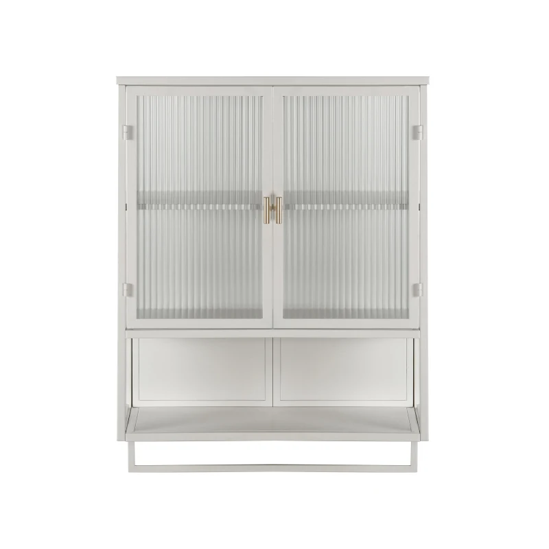 23.62" Modern Wall Cabinet with Glass Doors, Two-Tier Enclosed Storage, Open Shelf, and Towel Rack for Bathroom, Dining Room, 23.62"L x 9.06"W x 30.71"H, White