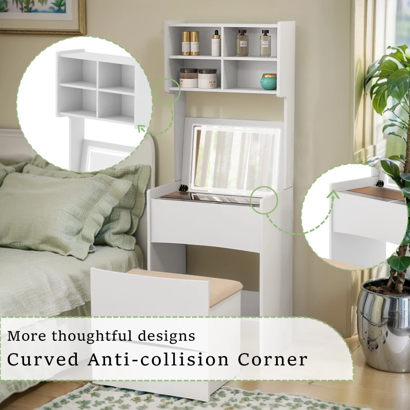 Dressing Table with Flip Top LED Mirror, Vanity Table with Storage, Removable Upholstered Stool, 23.62" x 15.75" x 62.99", White