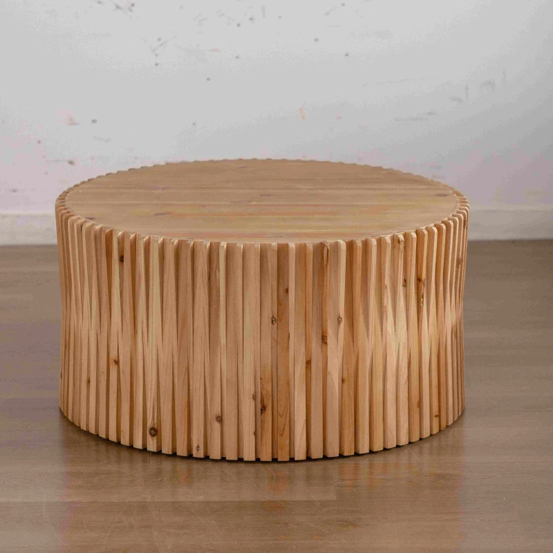 31.5" Retro Cylindrical Coffee Table with Vertical Texture Relief Design, No Assembly Required, Easy to Clean, 31.5"x31.5"x15.75", Natural