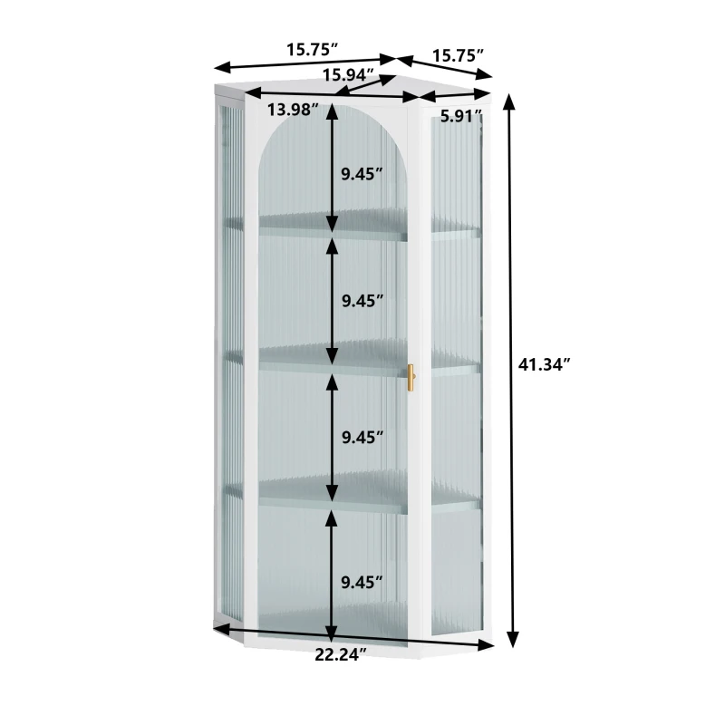 Glass Door Wall Mounted Corner Cabinet with Four-Tier Storage for Bedroom, Living Room, Bathroom, Kitchen, 22.24"L x 15.94"W x 41.34"H, White