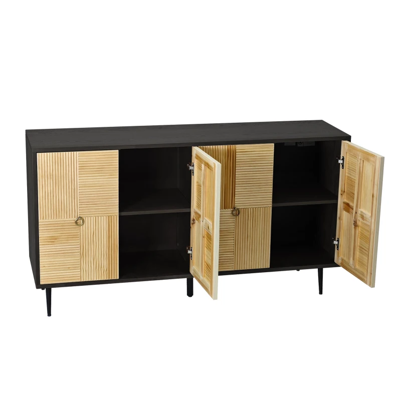 Elegant Vintage 4-Door Cabinet with Carved Pine Panels, Light Reflection Effect, Versatile Storage, and Easy Assembly, 59.84"L x 15.75"W x 32.28"H, Black