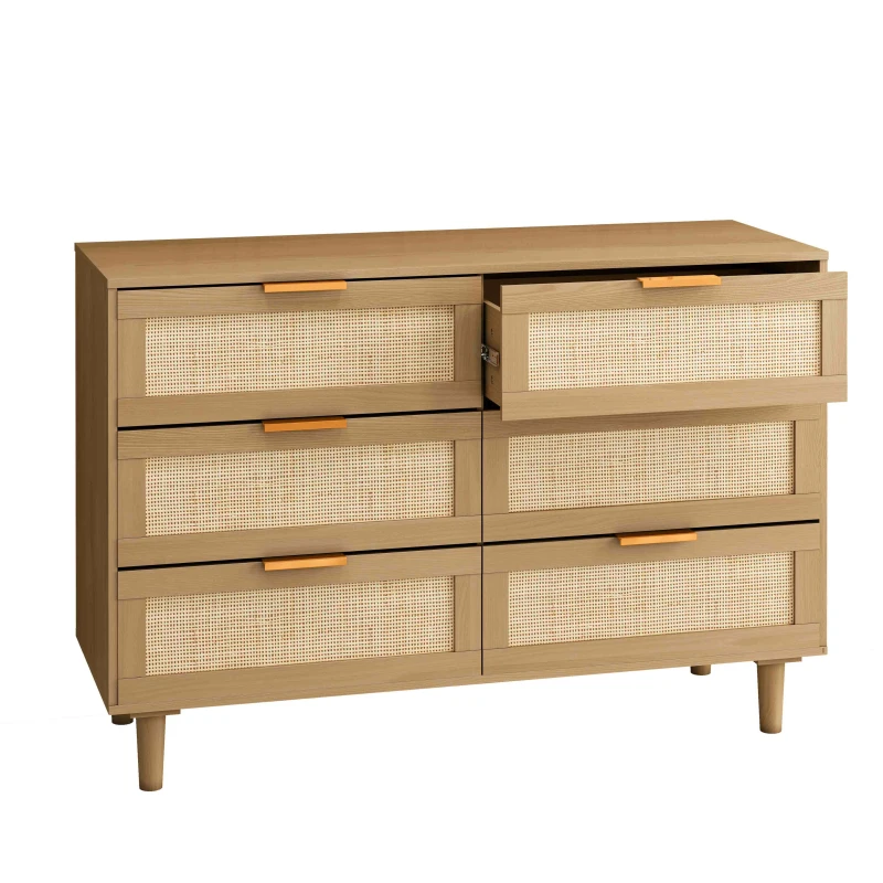 6-Drawer Rattan Dresser, Modern Natural Design with Ample Storage, Smooth Guide Rails, and Multi-Purpose Use, 43.31" x 15.75" x 29.45", Oak