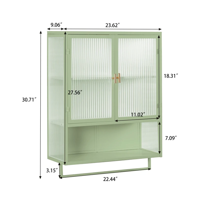 23.62" Modern Two-Door Wall Cabinet with Two-Tier Enclosed Storage, Open Shelf, and Towel Rack, Iron and Tempered Glass for Living Room, Dining Room, Bathroom, 23.62"L x 9.06"W x 30.71"H, Green