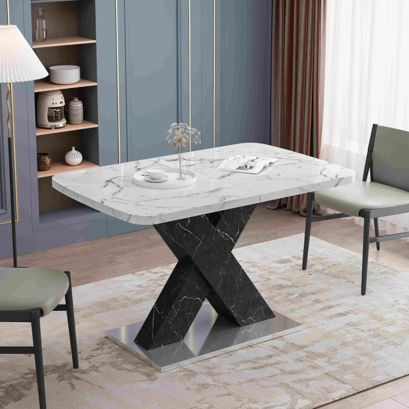Modern Square Dining Table, Stretchable White Marble Table Top, MDF Black X-Shape Legs with Metal Base, 62.99"L x 31.5"W x 30.12"H, White+Black