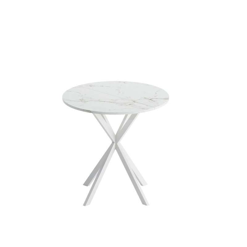 31.5'' Modern Cross Leg Round Dining Table, White Marble Top, Two Piece Removable Top, Matte Finish Iron Legs, Easy Assembly, White