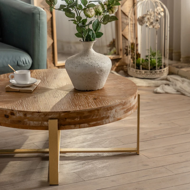 31.29" Modern Retro Splicing Round Coffee Table, Fir Wood Table Top with Gold Cross Legs, Easy Assembly and Maintenance, Gold