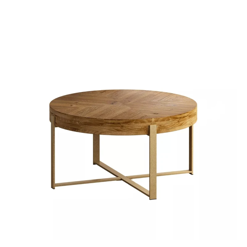 31.29" Modern Retro Splicing Round Coffee Table, Fir Wood Table Top with Gold Cross Legs, Easy Assembly and Maintenance, Gold