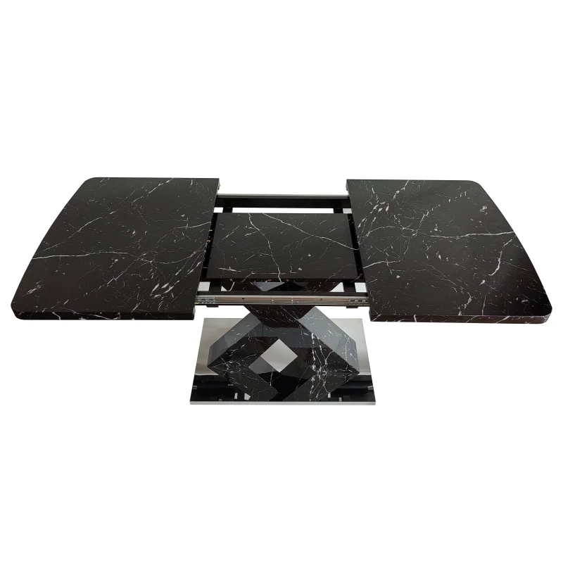Modern Square Dining Table, Stretchable Printed Black Marble Table Top, MDF X-Shape Legs with Metal Base, 62.99"L x 31.5"W x 30.12"H, Black