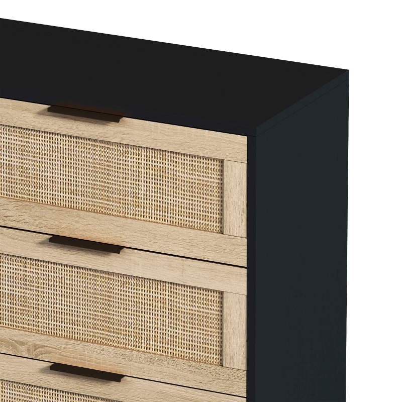 43.31" 6-Drawer Rattan Storage Cabinet, Modern Design with Natural Rattan Drawers, High-Quality Chipboard, Ample Storage for Bedroom and Living Room, Black