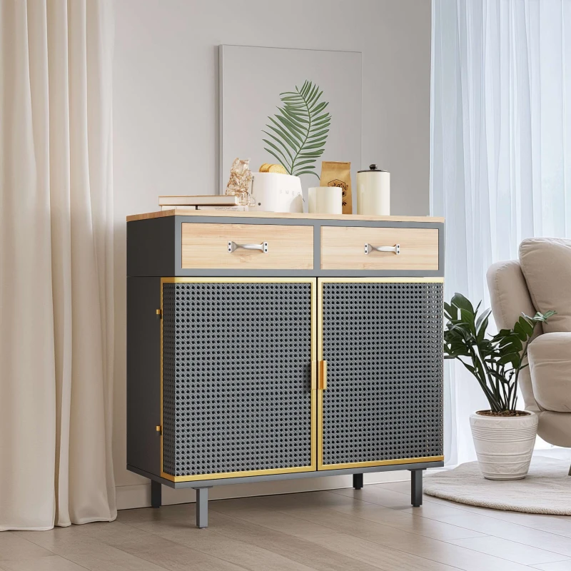 31.5" Wide 2 Drawer Sideboard, Modern Furniture Decor with Iron and Carbonized Bamboo, Easy Assembly, Ample Storage, 31.5"L x 13.78"W x 31.5"H, Dark Gray