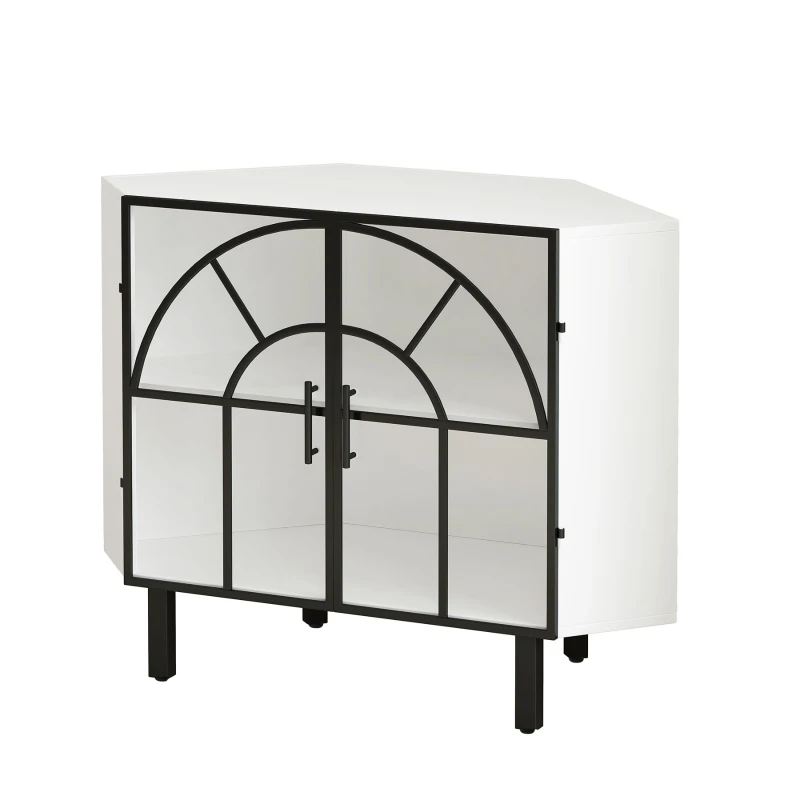 37.4" Glass Two-Door Hexagonal Corner Cabinet, Iron and Tempered Glass, Sturdy and Durable, Easy Assembly, White