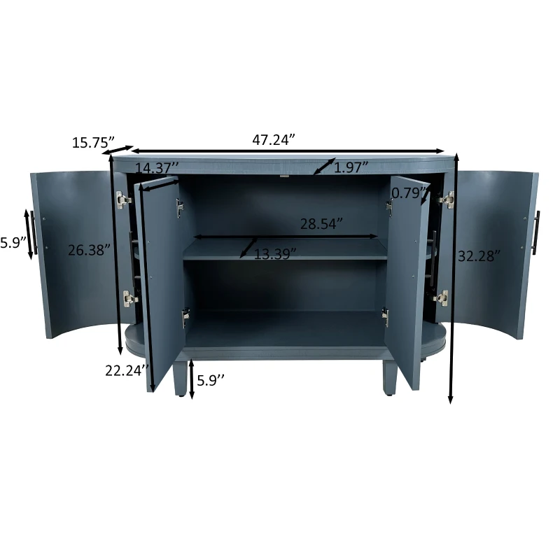 Modern Curved Sideboard, 47.2-Inch Decorative Storage Cabinet with 4 Doors, Adjustable Interior Shelves, Wooden Console Table for Living Room, Kitchen, Bedroom, Hallway, Blue