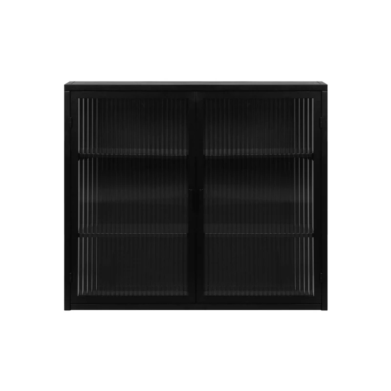 27.56" Modern Two-Door Wall Cabinet with Three-Tier Storage, Fluted Tempered Glass Doors, and Adjustable Shelves for Entryway, Living Room, Bathroom, Dining Room, Black