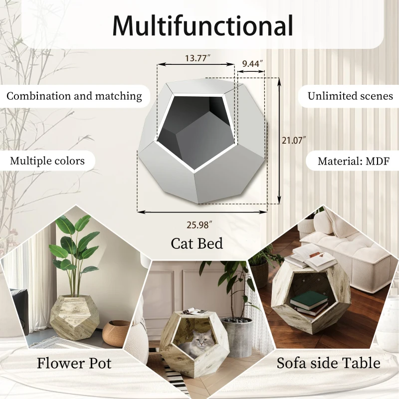 Modern Pet Furniture Cat Litter Box, Multifunctional Side Table and Planter, MDF, 25.98'' x 25.98'' x 21.07'', White Oak