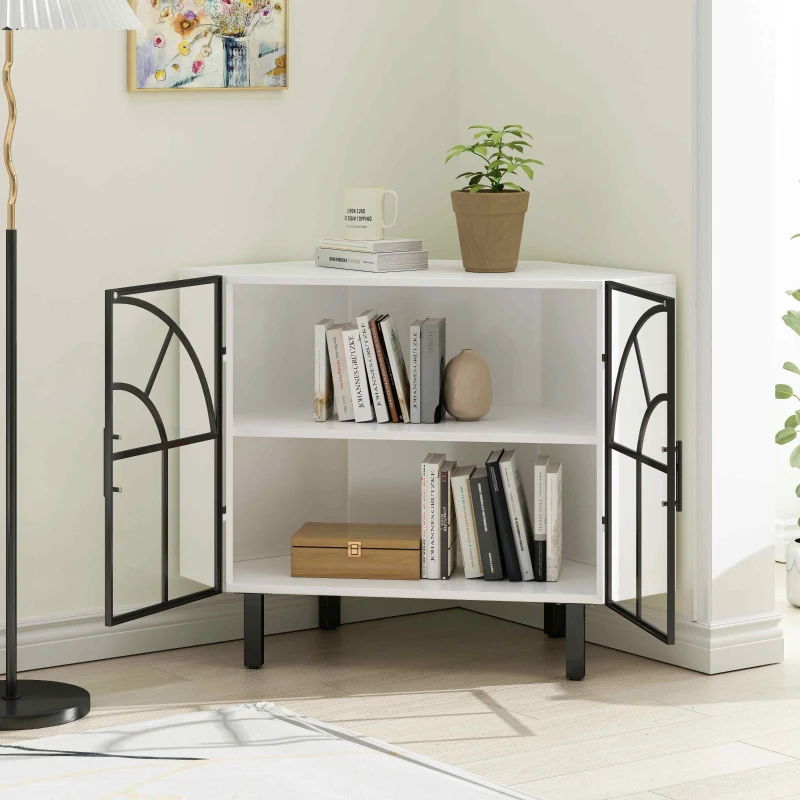 37.4" Glass Two-Door Hexagonal Corner Cabinet, Iron and Tempered Glass, Sturdy and Durable, Easy Assembly, White
