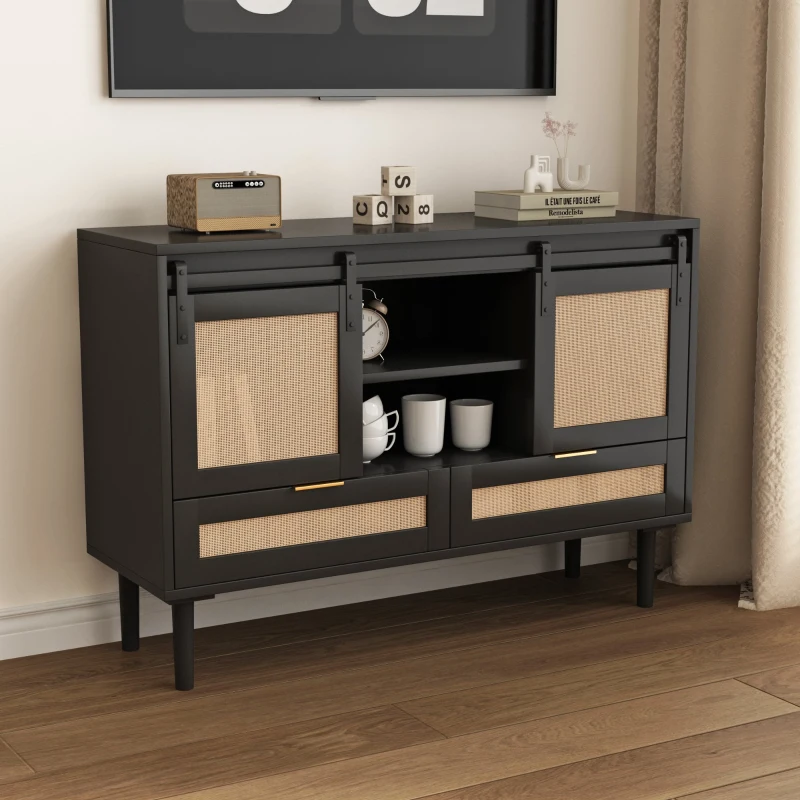 Sliding Barn Door Storage Cabinet, TV Stand with 2 Drawers and Adjustable Shelves, 47.24"L x 15.75"W x 31.5"H, Black