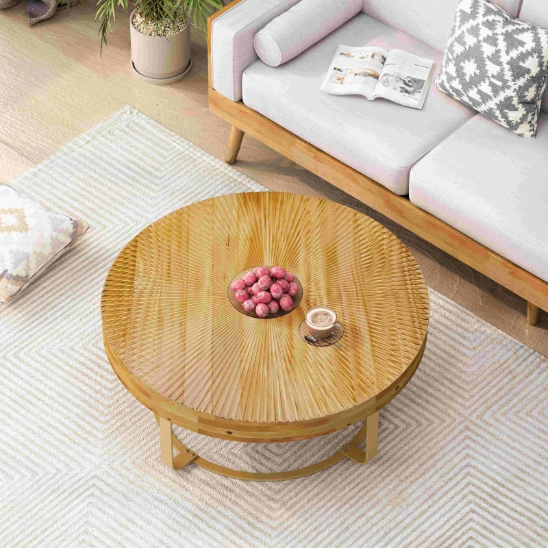 Modern Round Coffee Table, Wooden Carving Pattern with Metal Legs, Pine and MDF, 31.5"x31.5"x13.78", Natural+Gold