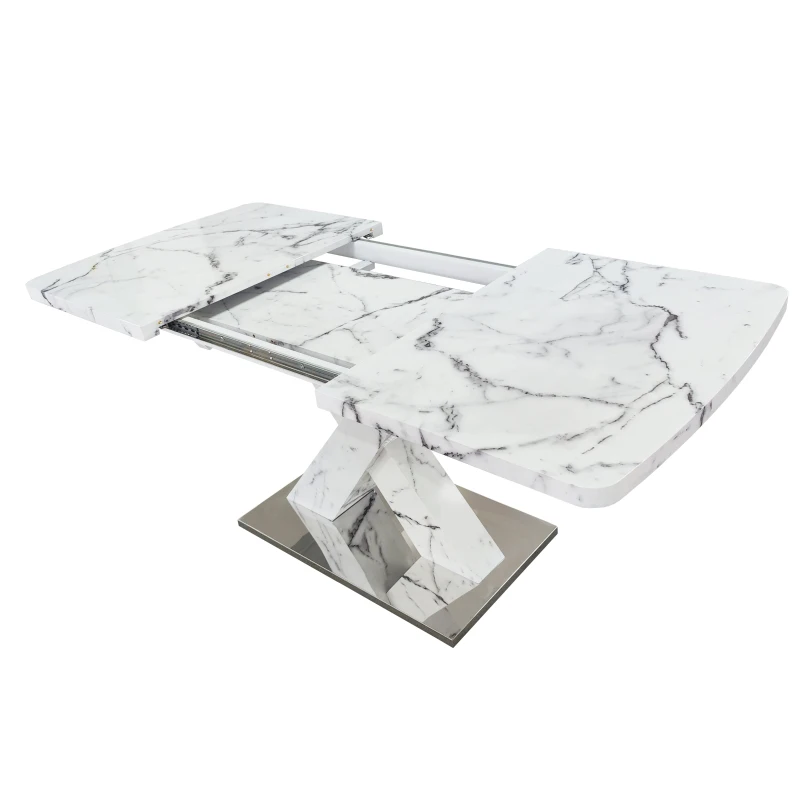 Modern Square Dining Table, Stretchable Printed White Marble Table Top, MDF X-Shape Table Leg with Metal Base, 62.99"L x 31.5"W x 30.12"H, White