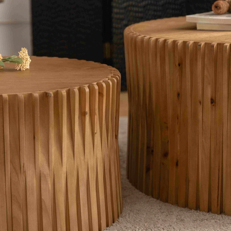 Vintage Cylindrical Nesting Coffee Table Set with Vertical Textured Embossed Design, No Assembly Required, 31.5" and 23.62", Natural