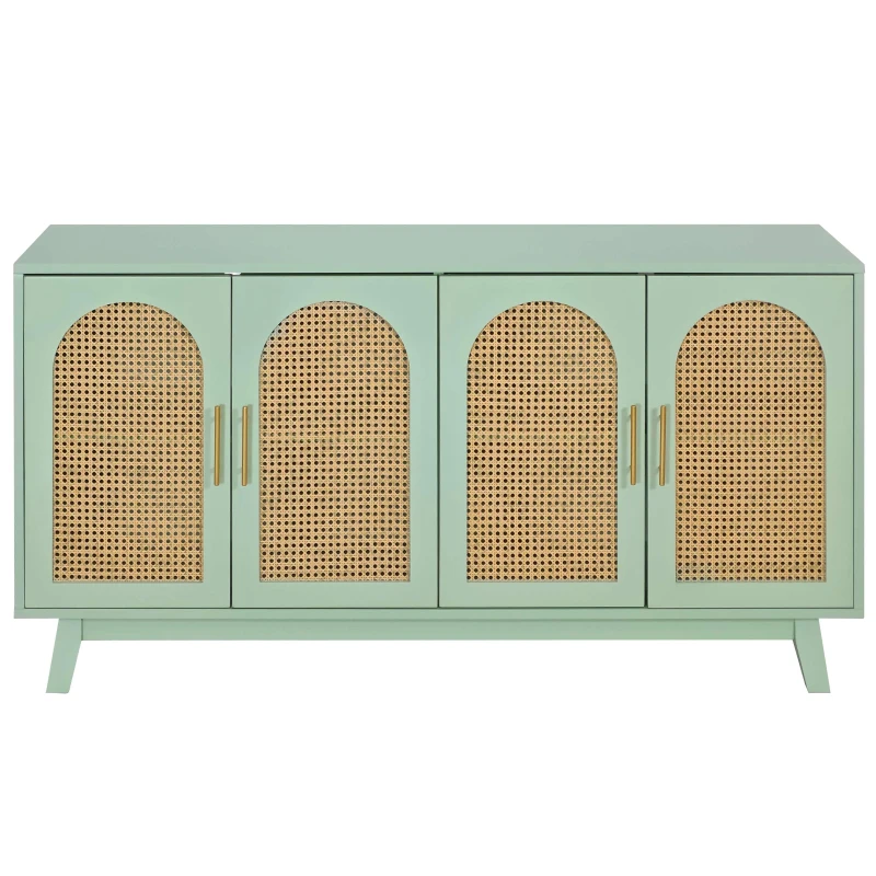 Modern 4-Door Cabinet with Rattan Decorative Doors, Versatile Storage Solution for Bedroom, Living Room, Office, Easy Assembly, 59.84"L x 15.75"W x 31.89"H, Mint Green