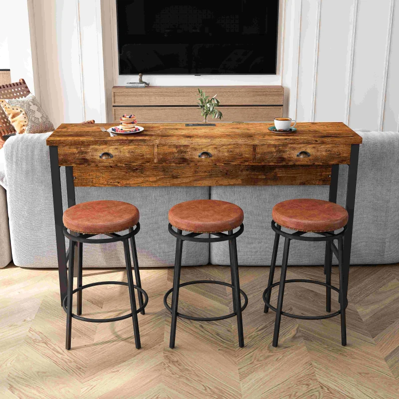 3-Drawer Long Dining Table Set with Power Outlets, Circular PU Stools, Easy Assembly, 60.24"x15.75"x35.43", Brown