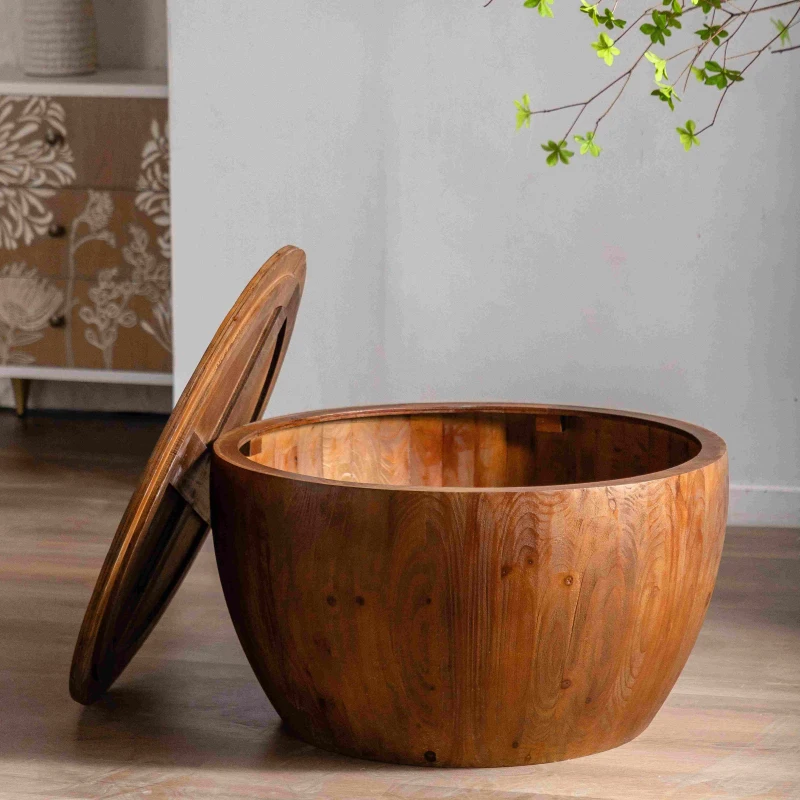 31.5" Vintage Style Bucket Shaped Coffee Table with Storage Function for Office, Dining Room, and Living Room, 31.5"x31.5"x17.72", Brown