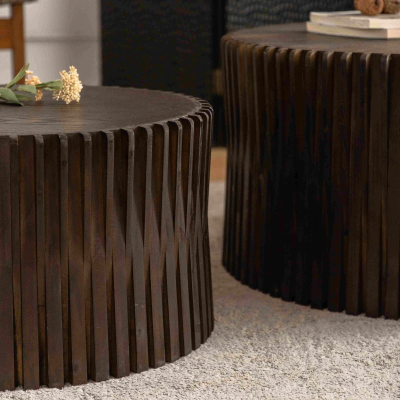 Vintage Cylindrical Nesting Coffee Table Set with Vertical Textured Embossed Design, No Assembly Required, Dark Brown