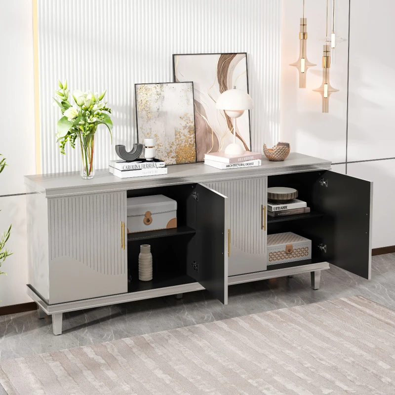 70.07'' Large 4-Door Cabinet, Solid Wood and MDF with Adjustable Shelves, 330 lbs Top Surface Capacity, 70.07''L x 15.75''W x 32.28''H, Champagne