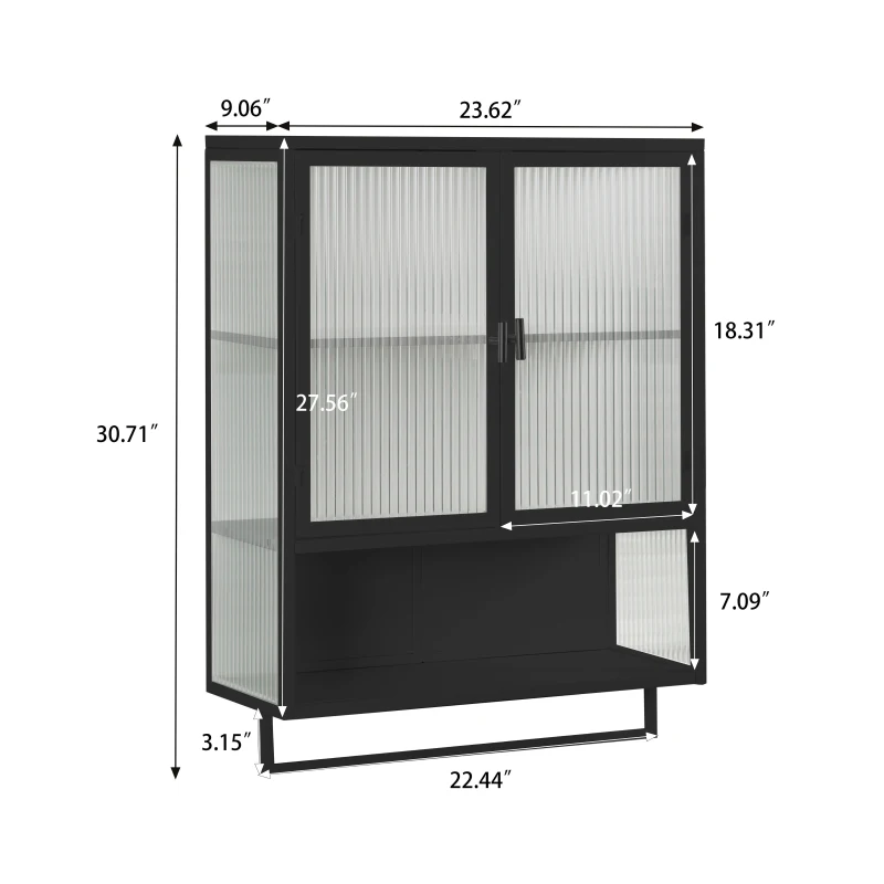 23.62" Modern Wall Cabinet with Glass Doors, Two-Tier Enclosed Storage, Open Shelf, and Towel Rack for Living Room, Dining Room, Bathroom, 23.62"L x 9.06"W x 30.71"H, Black