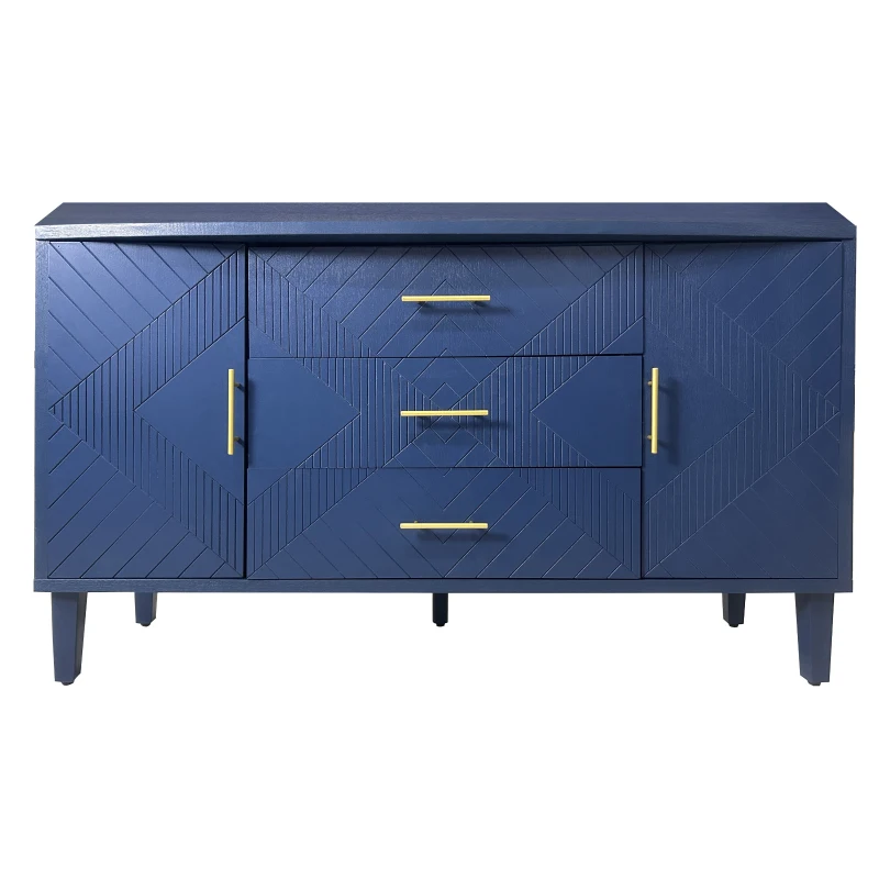 Stylish 2-Door 3-Drawer Cabinet with Carved Effect, Adjustable Shelves, and Easy Assembly, 55.12"L x 15.75"W x 32.68"H, Navy Blue