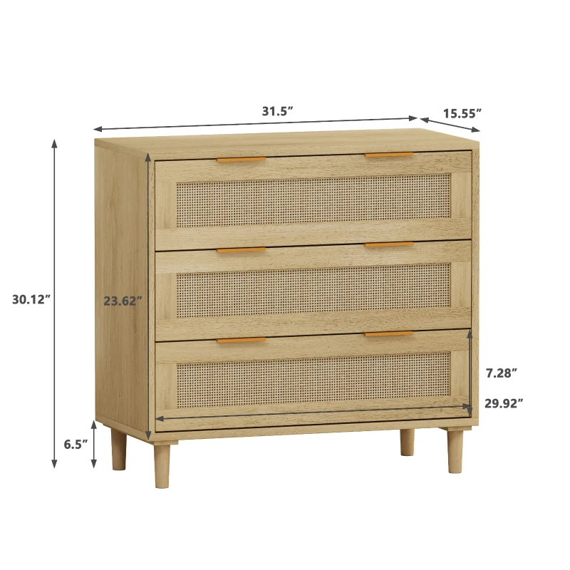 31.5" Rattan Storage Cabinet with 3 Drawers, Modern Oak Design, High-Quality MDF, Multi-Purpose for Bedroom, Living Room, Hallways, Oak