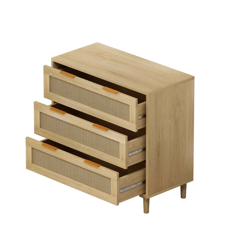 3-Drawer Rattan Storage Cabinet Set of 2, MDF and Solid Wood Legs, Iron Handles, 63" L x 15.55" W x 30.12" H, 52.47 lbs Each, Oak