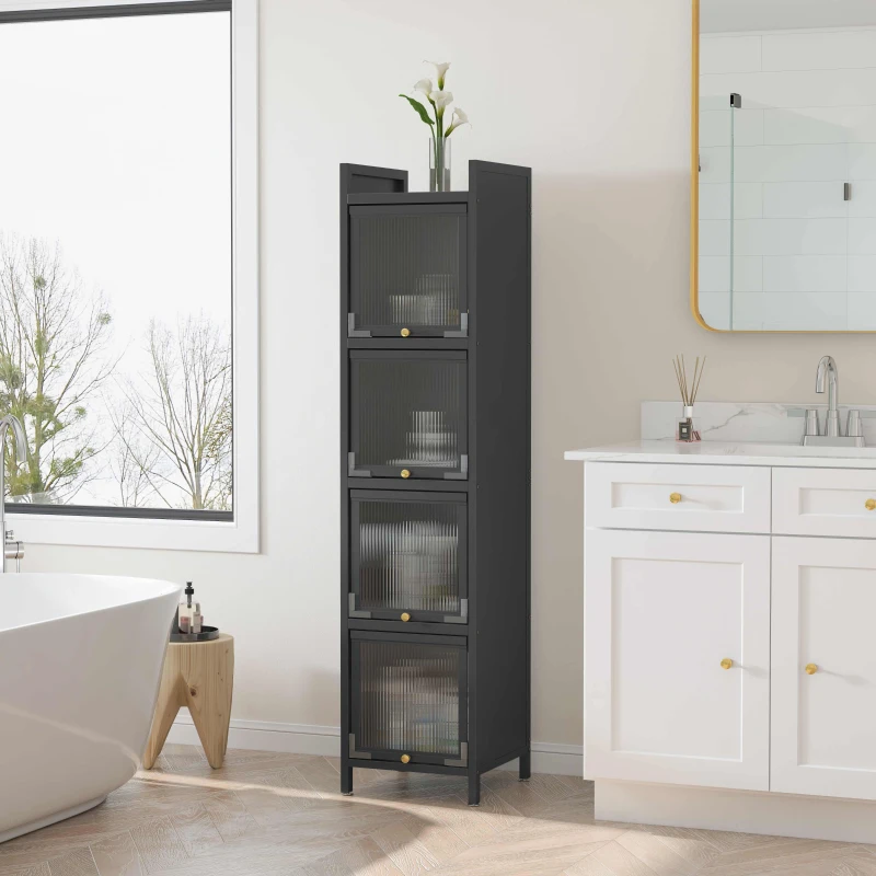 Modern Four-Tier Glass Door Cabinet with Five-Tier Storage, Fluted Tempered Glass, and Adjustable Wheels, 13.78"L x 14.17"W x 59.84"H, Matte Gray
